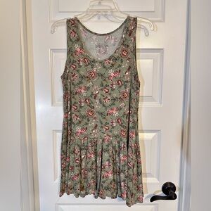 Latched Mama Olive Green Ribbed Ruffle Tunic Tank Top with Pink Floral Print